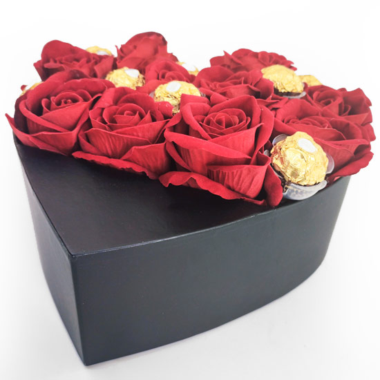 Heart Shaped Silk Flower and Ferrero Rocher Box with Stand